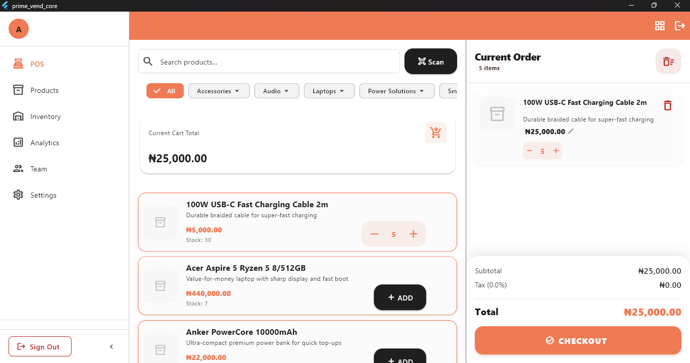 Stortrics POS desktop interface showing product selection and cart